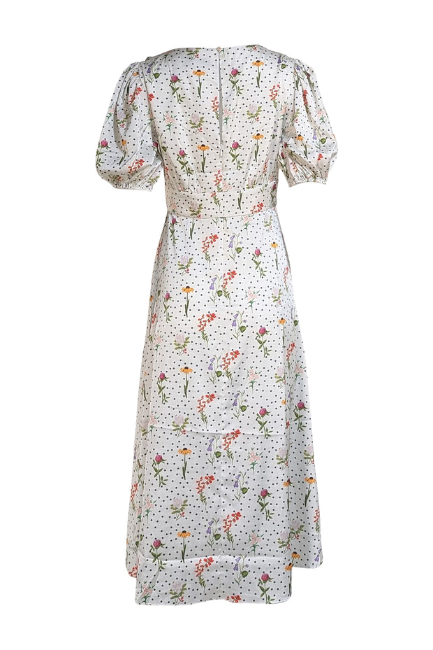 Alexia Admor - Ivory & Black Polka Dot w/ Multi Color Floral Print Slit Front Dress Sz 6 - Current Boutique