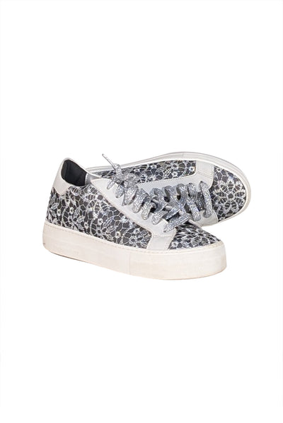 P448 - Silver, Grey, & White Lace Covered Sneakers Sz 10 - Current Boutique