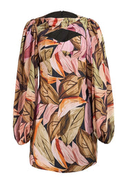 Acler - Green, Pink, & Brown Print Bust Cut Out Long Sleeve Mini Dress Sz 2 - Current Boutique