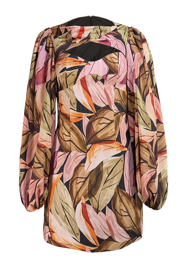Acler - Green, Pink, & Brown Print Bust Cut Out Long Sleeve Mini Dress Sz 2 - Current Boutique
