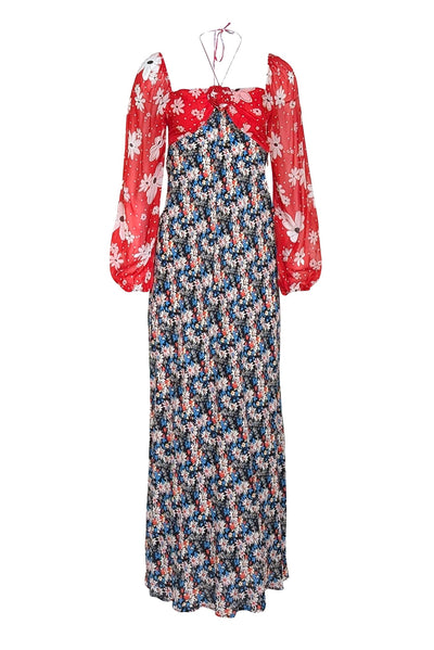 Rixo - Red, Black, & Blue Multi Floral Print Long Sleeve Dress Sz 4 - Current Boutique