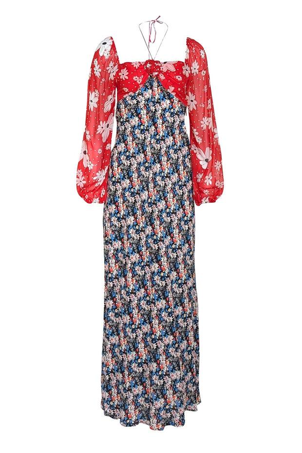Rixo - Red, Black, & Blue Multi Floral Print Long Sleeve Dress Sz 4 - Current Boutique