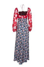 Rixo - Red, Black, & Blue Multi Floral Print Long Sleeve Dress Sz 4 - Current Boutique