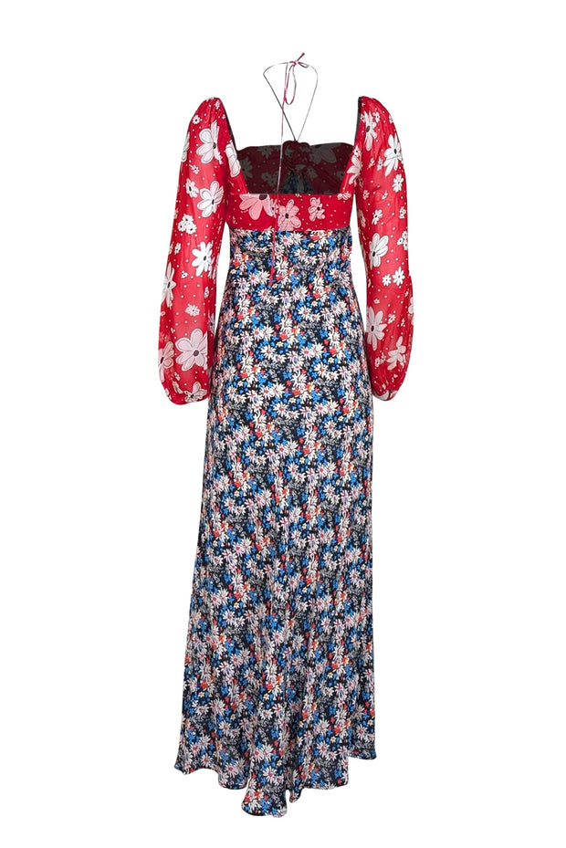 Rixo - Red, Black, & Blue Multi Floral Print Long Sleeve Dress Sz 4 - Current Boutique
