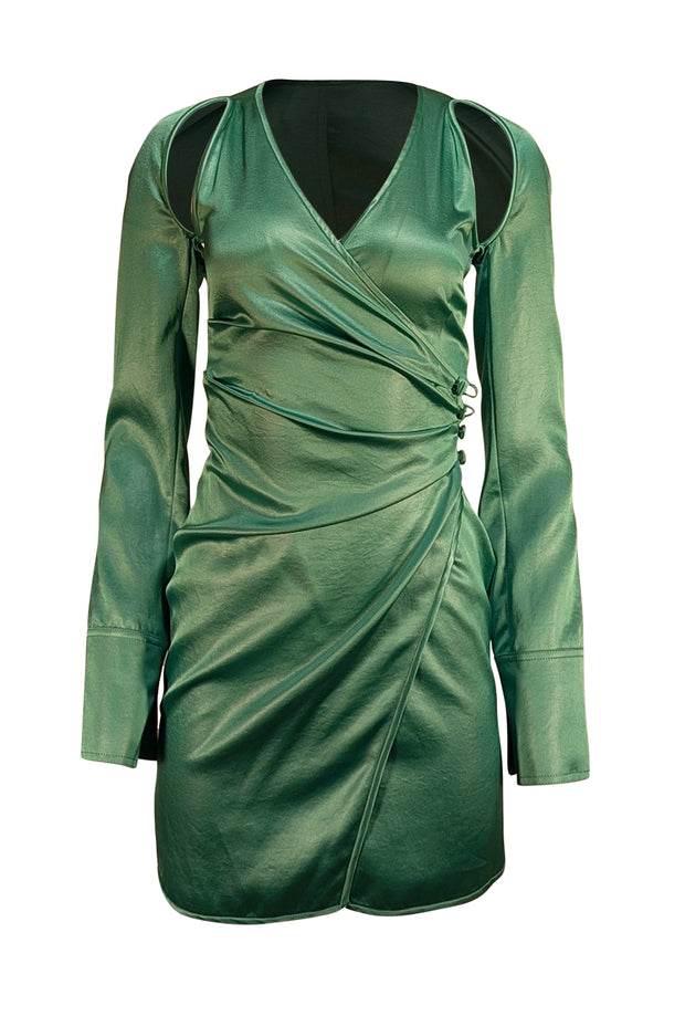 Nanushka - Green Satin Button Wrap Dress Sz XS - Current Boutique