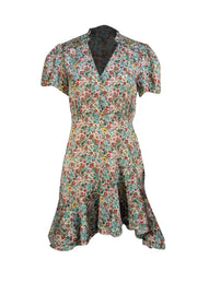 Sandro - Green & Pink Floral Satin Short Sleeve Dress Sz 6