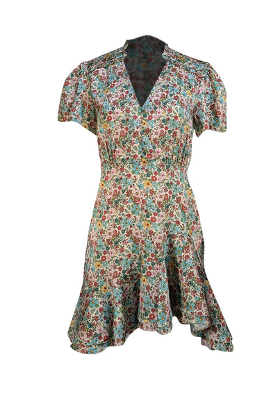 Sandro - Green & Pink Floral Satin Short Sleeve Dress Sz 6