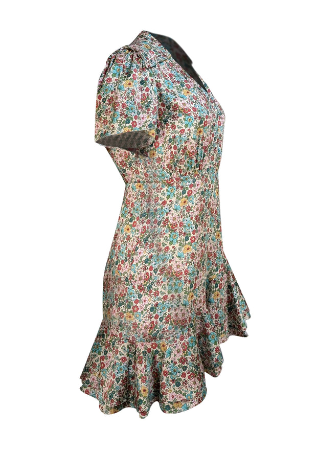 Sandro - Green & Pink Floral Satin Short Sleeve Dress Sz 6