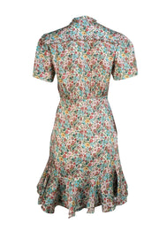 Sandro - Green & Pink Floral Satin Short Sleeve Dress Sz 6