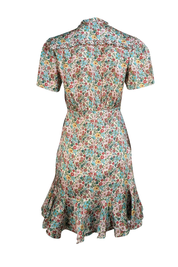 Sandro - Green & Pink Floral Satin Short Sleeve Dress Sz 6