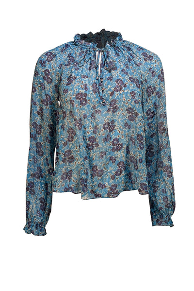Veronica Beard - Teal Blue Floral Silk Long Sleeve Blouse Sz 2 - Current Boutique