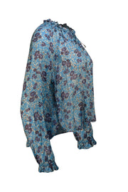 Veronica Beard - Teal Blue Floral Silk Long Sleeve Blouse Sz 2 - Current Boutique
