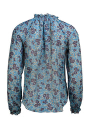 Veronica Beard - Teal Blue Floral Silk Long Sleeve Blouse Sz 2 - Current Boutique