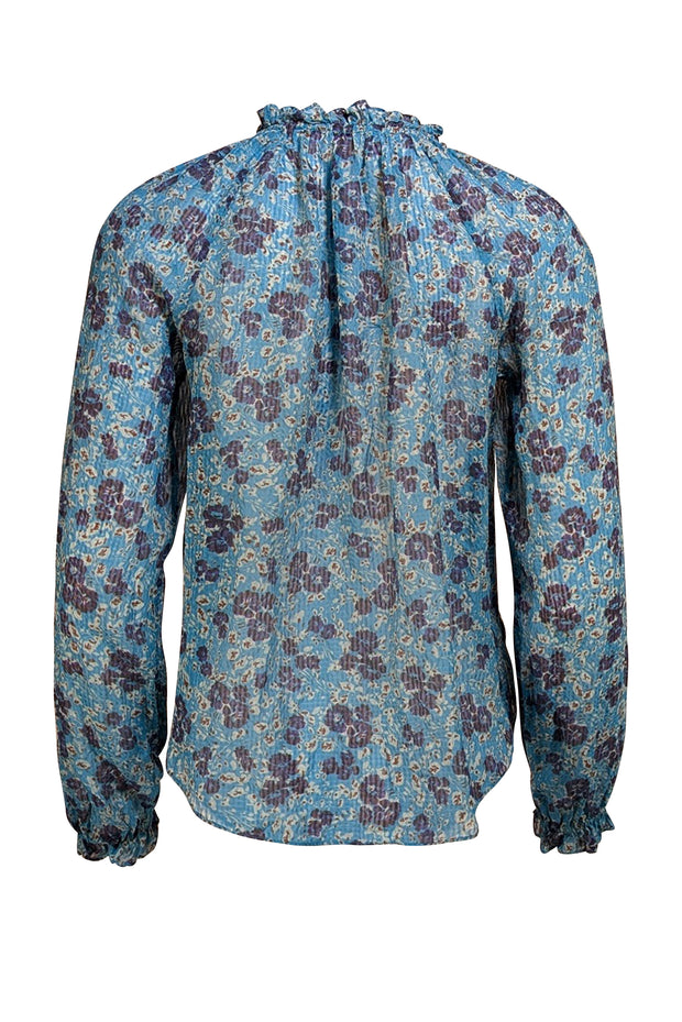 Veronica Beard - Teal Blue Floral Silk Long Sleeve Blouse Sz 2 - Current Boutique