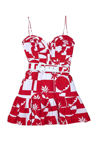 Rebecca Vallance - Red & White Print Belted Mini Dress Sz 0 - Current Boutique