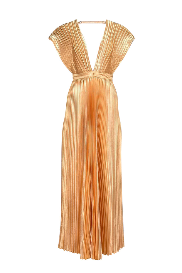 L'idee - Golden Yellow Plisse Pleated Deep V-Neckline Formal Dress Sz 8 - Current Boutique