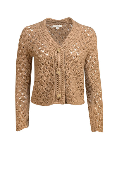 Vince - Tan Wool Blend Crochet Knit Cropped Cardigan Sz XS - Current Boutique