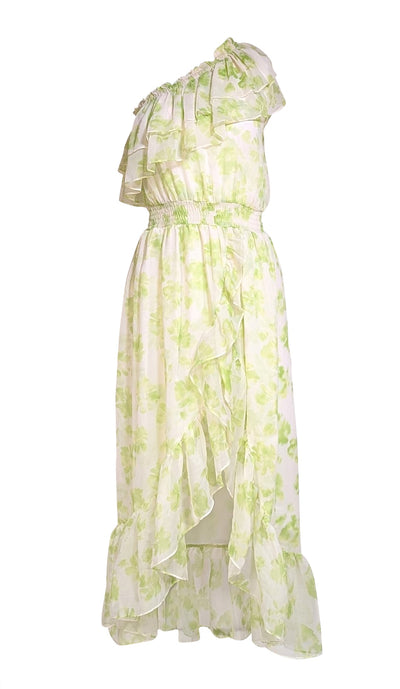 Misa - Green & Ivory Floral One Shoulder Ruffle Dress Sz S Misa - Green & Ivory Floral One Shoulder Ruffle Dress Sz S