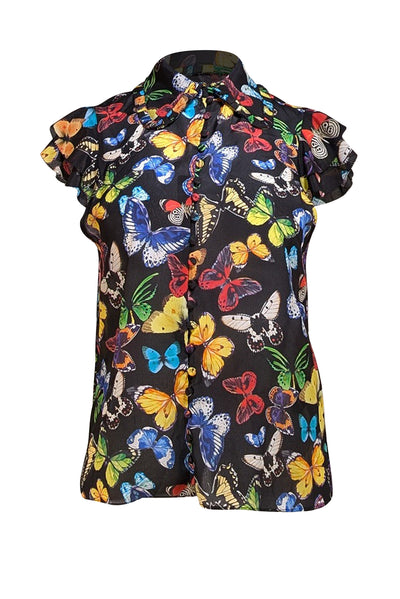Alice & Olivia - Black & Multicolor Butterfly Print Cap Sleeve Blouse Sz XS - Current Boutique