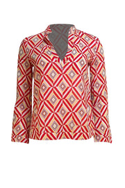 Tory Burch - Red, White, & Yellow Geometric Print Cotton Blouse Sz S - Current Boutique