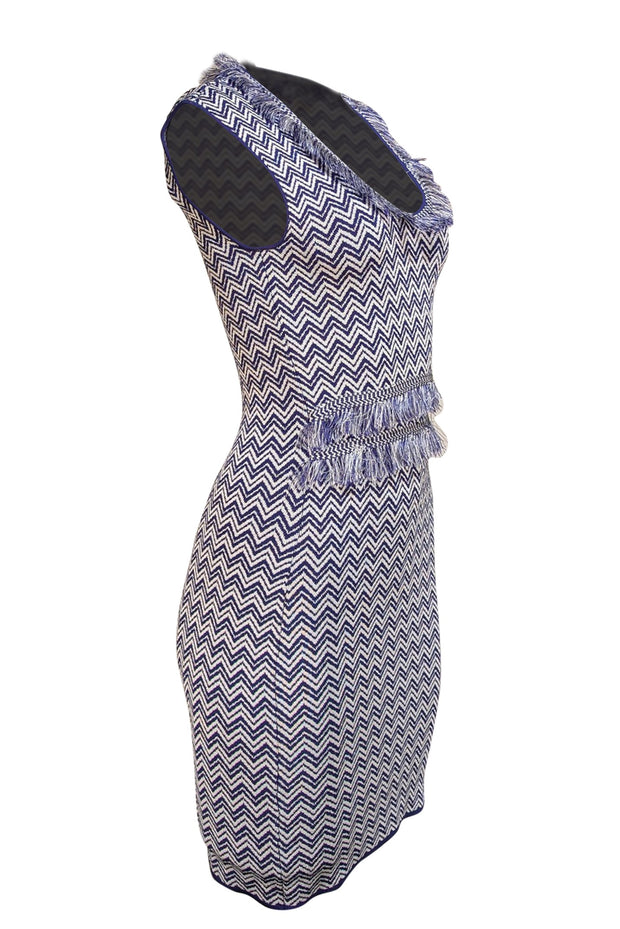Ronny Kobo - Indigo & White Chevron Print Fringe Trim Bodycon Dress Sz S Ronny Kobo - Indigo & White Chevron Print Fringe Trim Bodycon Dress Sz S