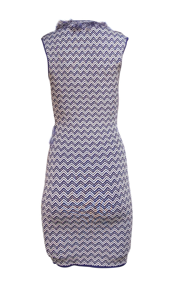 Ronny Kobo - Indigo & White Chevron Print Fringe Trim Bodycon Dress Sz S Ronny Kobo - Indigo & White Chevron Print Fringe Trim Bodycon Dress Sz S