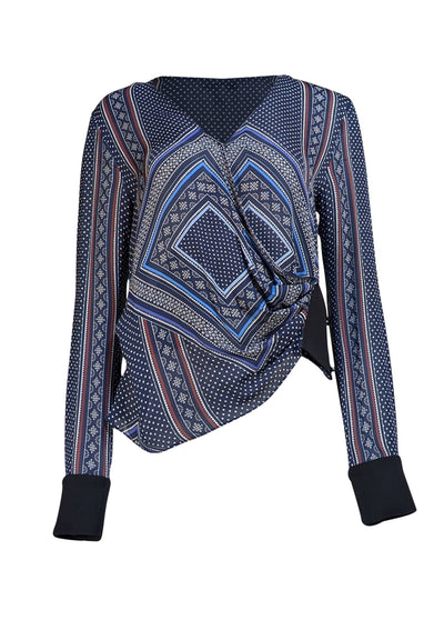 Derek Lam - Navy & Burgundy Print Wrap Long Sleeve Top Sz 8 - Current Boutique