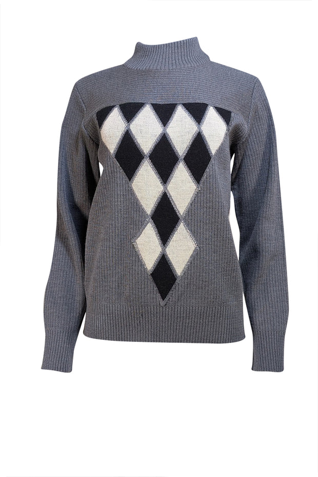 Saint Laurent Rive Gauche - Grey Wool Argyle Mockneck Sweater Sz 8 - Current Boutique