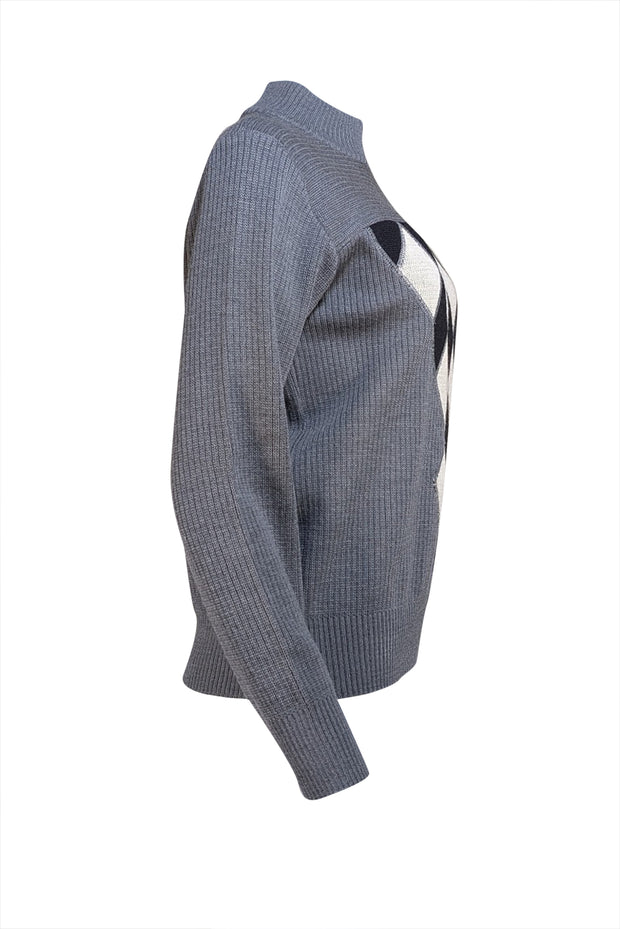 Saint Laurent Rive Gauche - Grey Wool Argyle Mockneck Sweater Sz 8 - Current Boutique