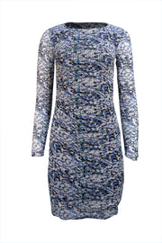 Reiss - Blue, White, Green, & Black Print Side Ruched Dress Sz 4