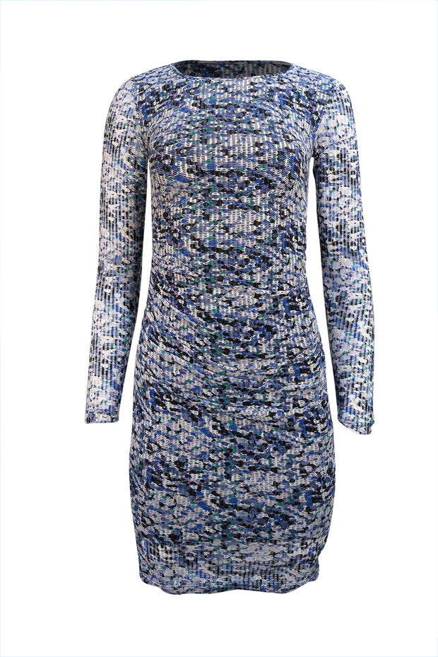 Reiss - Blue, White, Green, & Black Print Side Ruched Dress Sz 4