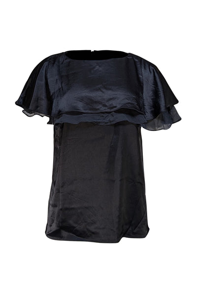 St. John - Black Satin Ruffle Blouse Sz S - Current Boutique