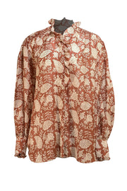 Hannah - Brown & White Floral Silk Ruffle Blouse Sz 2 - Current Boutique