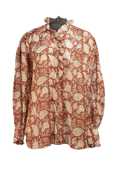 Hannah - Brown & White Floral Silk Ruffle Blouse Sz 2 - Current Boutique