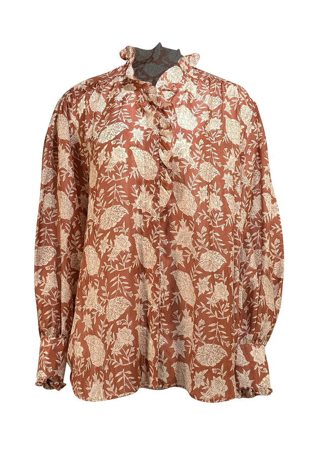 Hannah - Brown & White Floral Silk Ruffle Blouse Sz 2 - Current Boutique