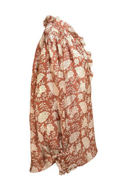 Hannah - Brown & White Floral Silk Ruffle Blouse Sz 2 - Current Boutique