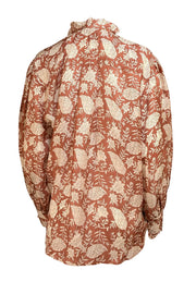 Hannah - Brown & White Floral Silk Ruffle Blouse Sz 2 - Current Boutique