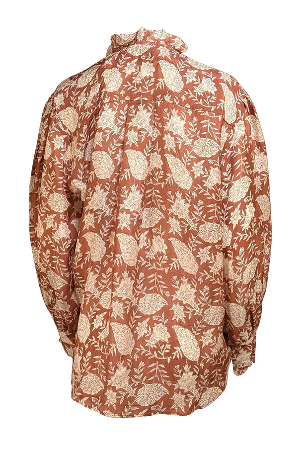 Hannah - Brown & White Floral Silk Ruffle Blouse Sz 2 - Current Boutique
