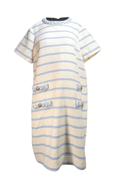 Tuckernuck - Ivory & Blue Stripe Tweed Short Sleeve Shift Dress Sz XL - Current Boutique