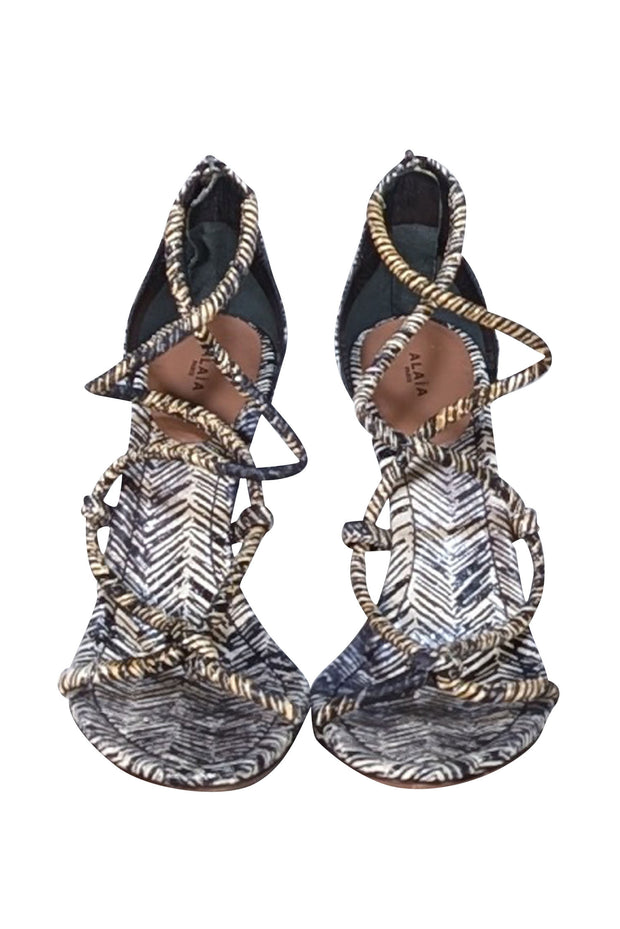 Alaia - Black & Cream Print Strappy Open Toe Heels Sz 10.5
