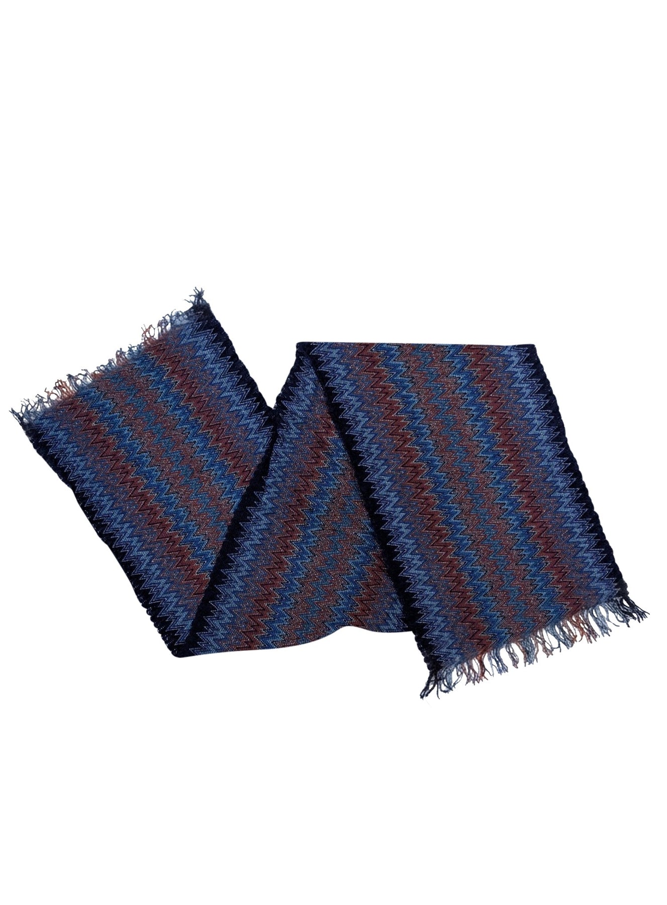Missoni - Blue, Rust, & Black Chevron Print Fringe Hem Scarf - Current Boutique