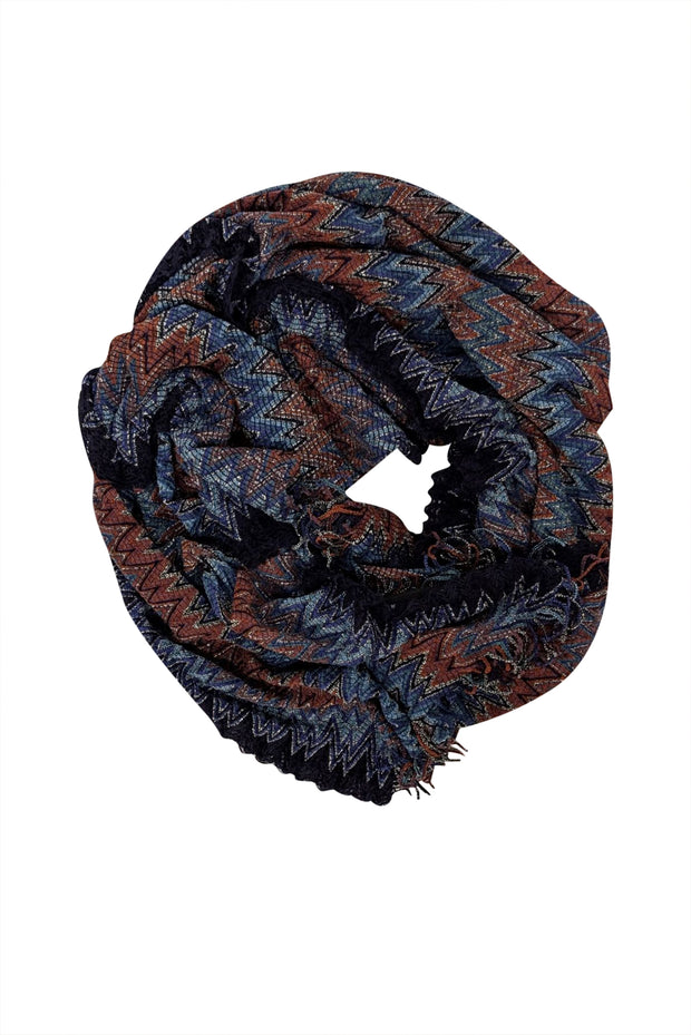 Missoni - Blue, Rust, & Black Chevron Print Fringe Hem Scarf - Current Boutique