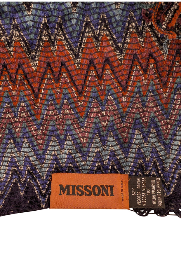 Missoni - Blue, Rust, & Black Chevron Print Fringe Hem Scarf - Current Boutique