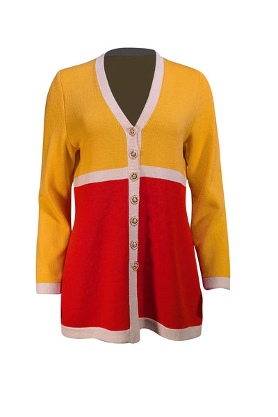 St. John - Yellow & Red Color Block Cardigan Sz S - Current Boutique