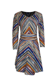 Missoni - Tan, White, Blue, Black, Orange, & Green Knit V-Neck Dress Sz M - Current Boutique