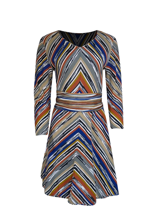 Missoni - Tan, White, Blue, Black, Orange, & Green Knit V-Neck Dress Sz M - Current Boutique