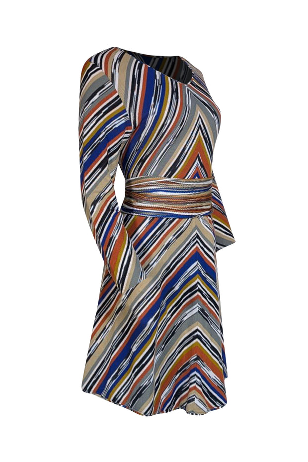 Missoni - Tan, White, Blue, Black, Orange, & Green Knit V-Neck Dress Sz M - Current Boutique