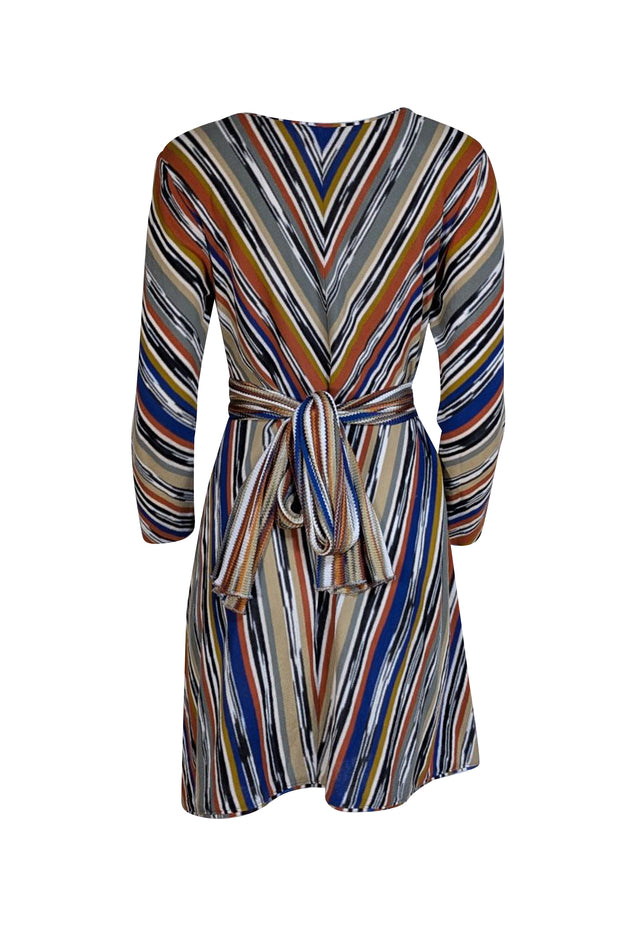 Missoni - Tan, White, Blue, Black, Orange, & Green Knit V-Neck Dress Sz M - Current Boutique