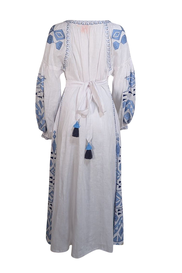 march 11 embroidered dresses MARCH 11 Women's 3/4 Sleeve EMBROIDERED LINEN Pink Maxi Dress Size Medium