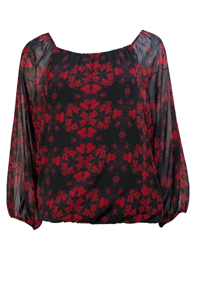 Alice & Olivia - Black & Red Rose Print Blouse Sz S - Current Boutique